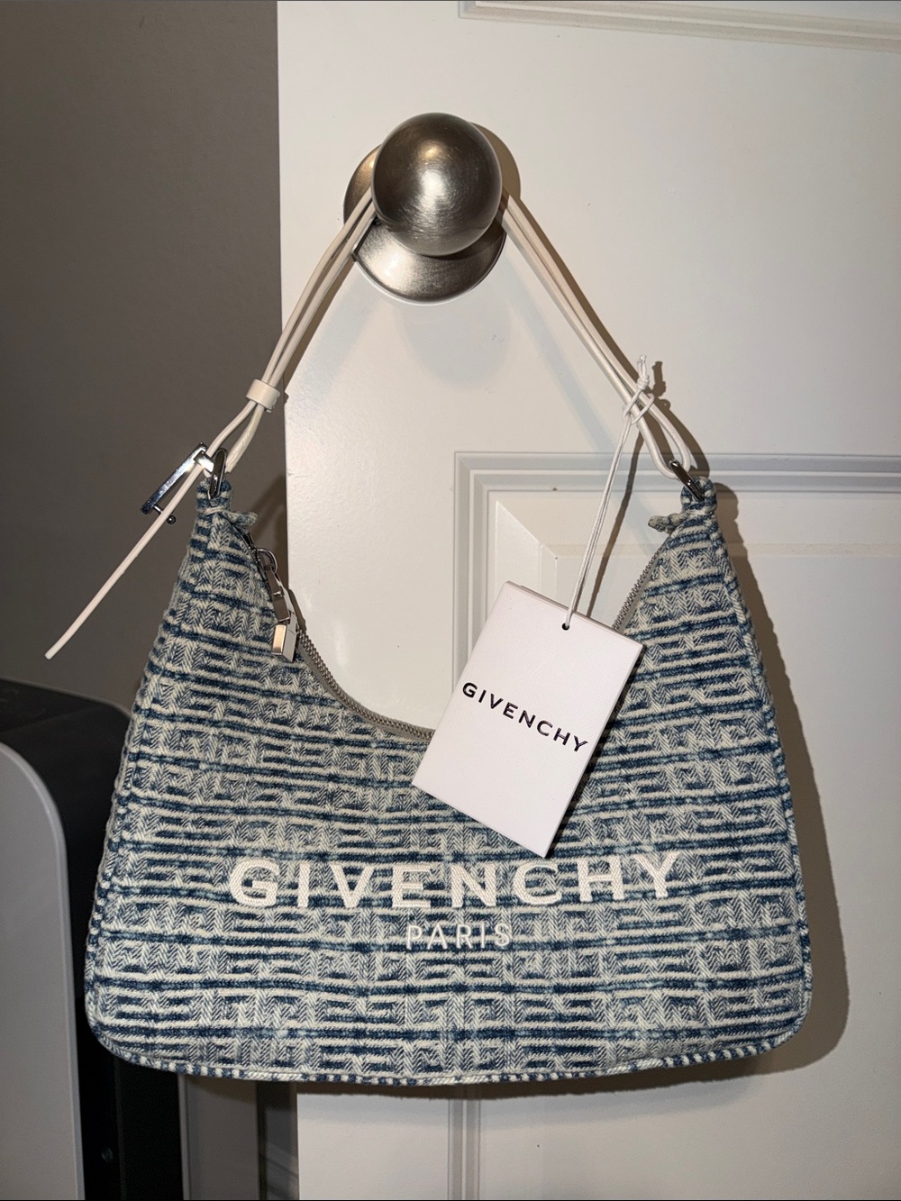 Givenchy Denim Logo Jacquard Shoulder Bag in Blue and White